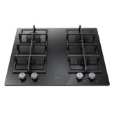 Hoover HVG6K3B 60 cm Gas Hob, 4 burners, Front control, Cast Iron Pan Supports, Black Glass