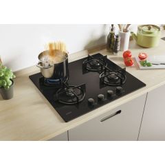 Candy CVW6BB 60 cm Gas on Glass Hob, 4 burner, front control, enamel pan stands, Black Glass